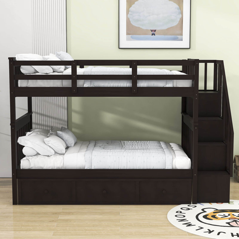 Dhyan Kids Twin Over Twin Bunk Bed with Drawers, Espresso