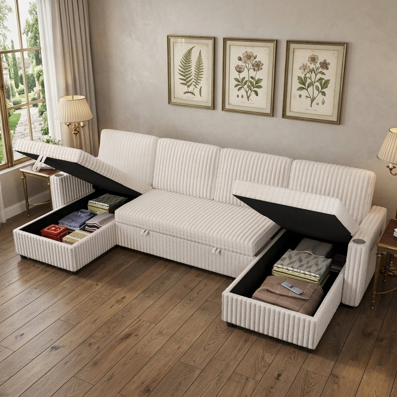 Canapé-lit modulaire convertible de 110,63 po avec lit escamotable et méridienne double avec rangement, canapé en U pour le salon, blanc