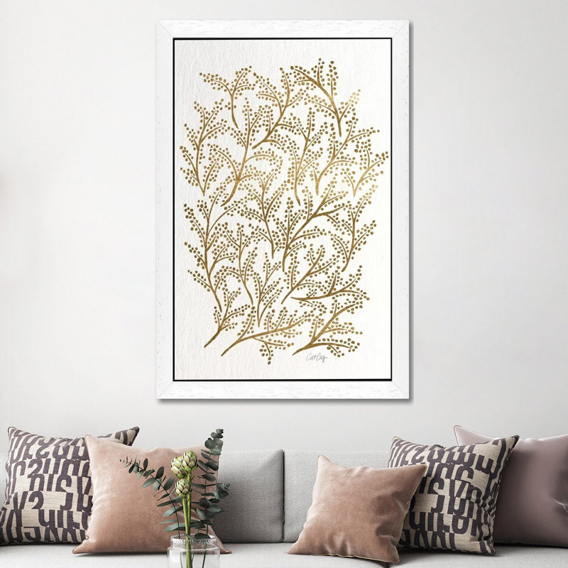 Gold Branches by Cat Coquillette - Floater Frame Painting on Canvas, 66.04 cm H x 45.72 cm W, White