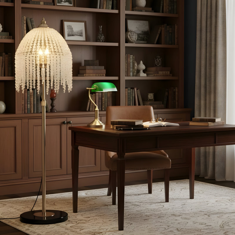 Three-Light Elegant Crystal Floor Lamp—Vintage waterfall design, layered crystal bead strands paired with a marble-patterned base, suitable for decorating living rooms, bedrooms, or offices (bulbs sold separately)