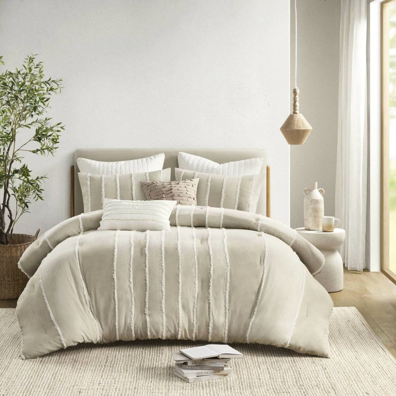 Édredon 3 pièces taupe pour lit double / grand lit - tissu de coton, édredon rayé, rembourrage, garniture, Bartacks visibles, housse, rayures avec style,