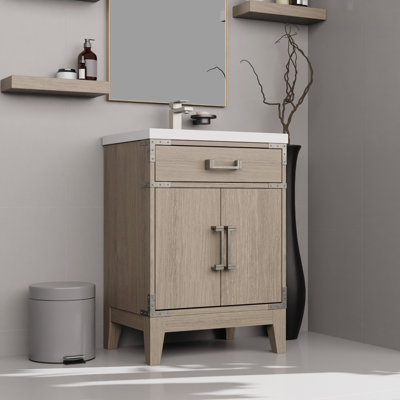 Meuble-lavabo en chêne gris 24 po x 18 po, comptoir en acrylique et miroir inclus - fermeture en douceur, espace de rangement intérieur 24 po x 18 po, abondance de 18 po