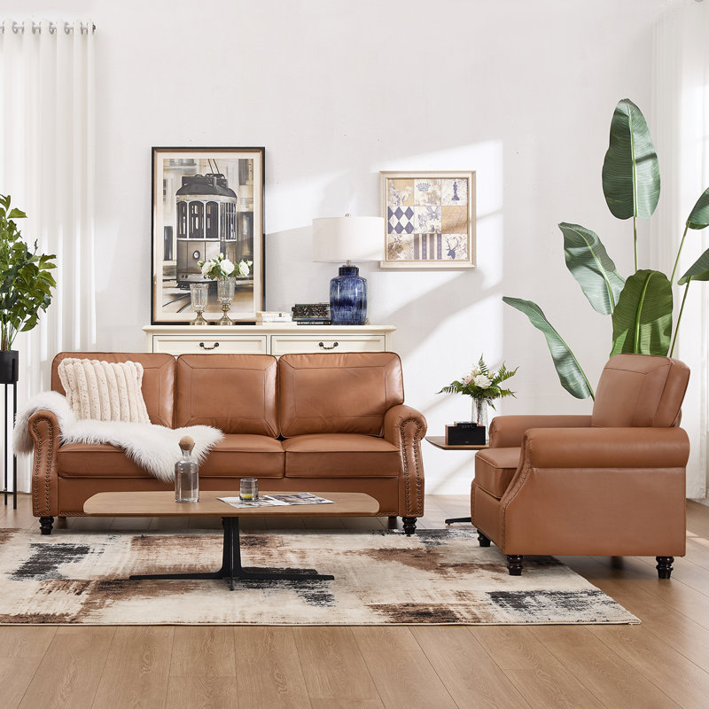 2-Piece Living Room Set Faux Leather Sofa With Armchair, Brown
