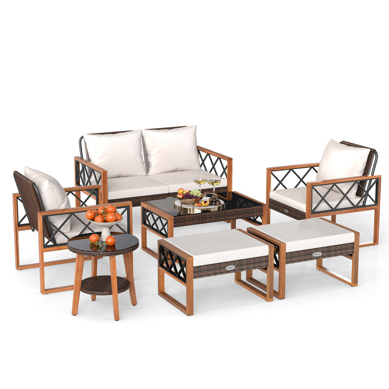 Ensemble de 7 meubles de patio en osier PE avec coussins de tabouret et tables d'extérieur brun