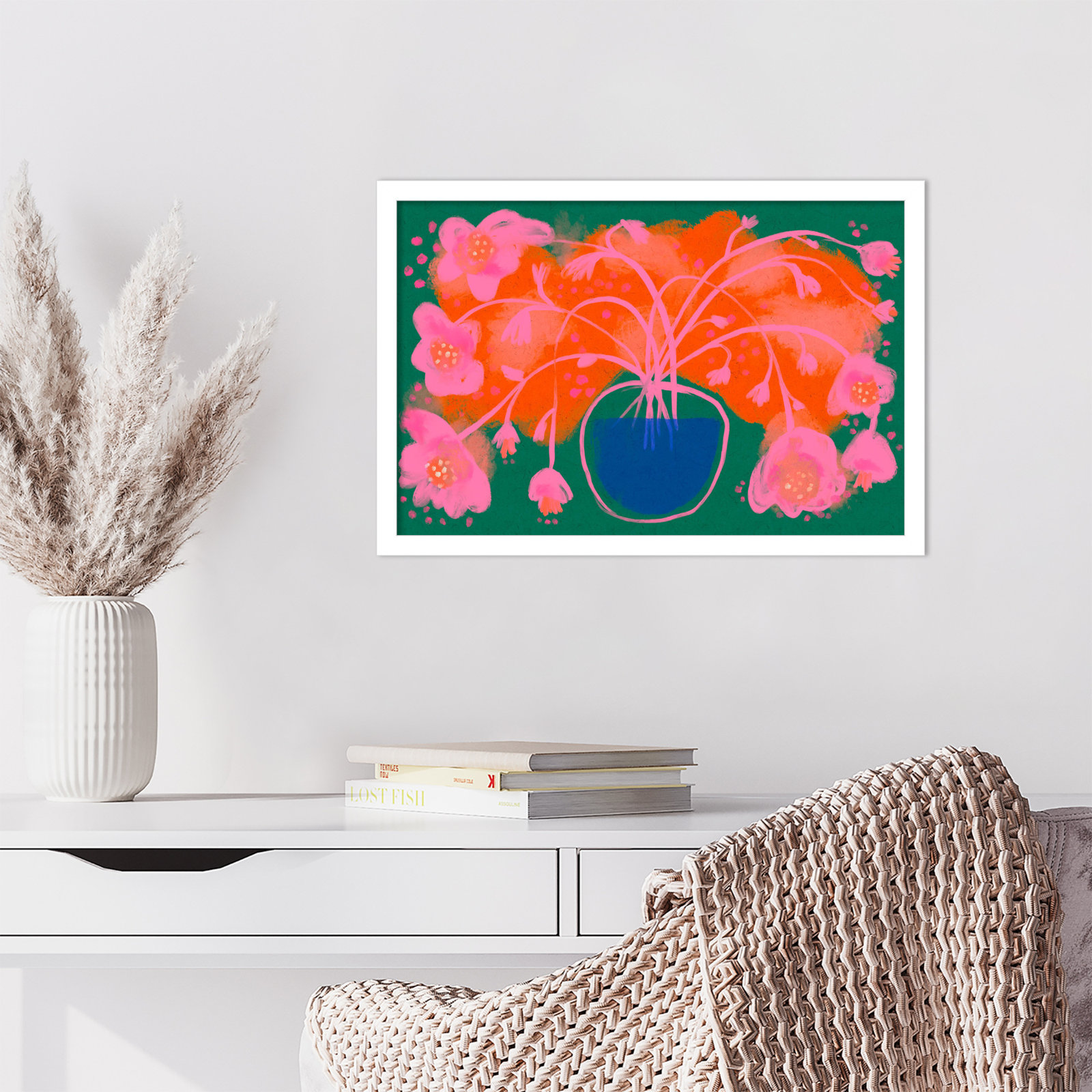 Pink Flower Bouquet by Treechild  Wood Framed Wall Art Print, White, 15" H x 21" W
