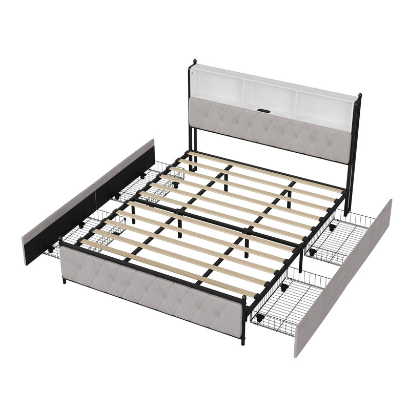 Dekker Velvet Upholstered Bed Frame with Storage Headboard, USB & USB-C Charging Ports, LED Lighting and 4 Underbed Drawers