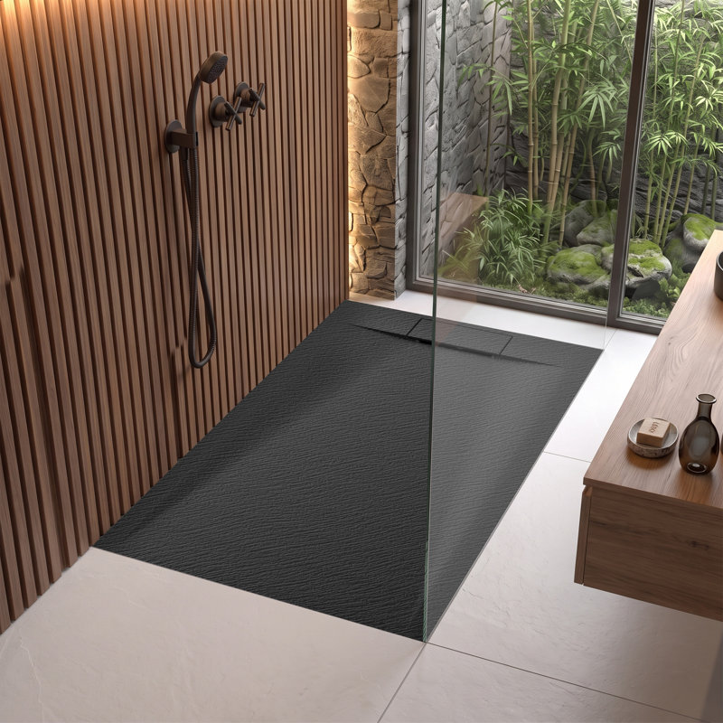 59 po. X 35 po. Base de douche noire sans barrière avec drain réversible, antidérapante et conforme ADA, Noir mat