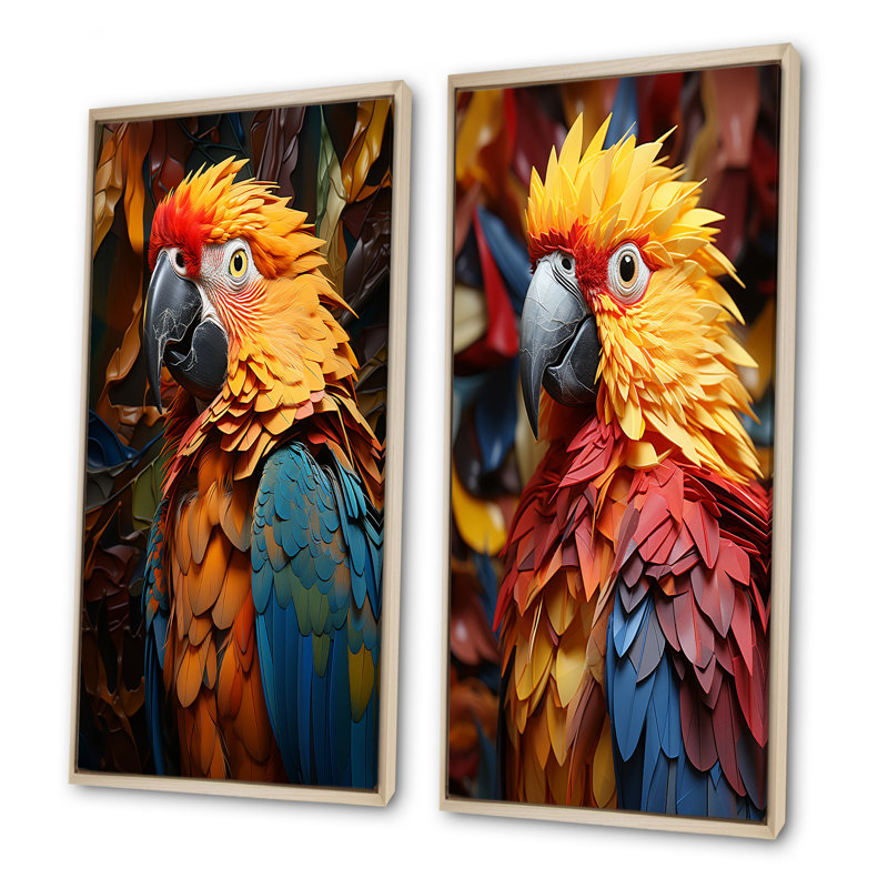 «Yellow Parrots Golden Conversations», ensemble de 2 reproductions d'art sur toile, Encadrement brun, H 28 po x l 25 po