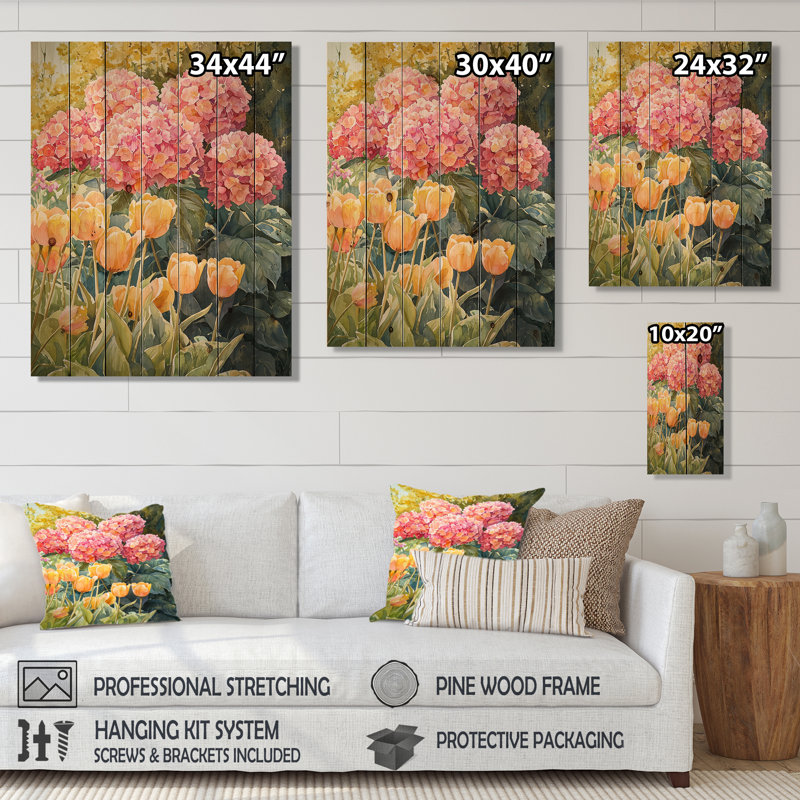 Hortensias dans le jardin printanier I - Art mural en bois d'hortensias - sur bois de pin naturel