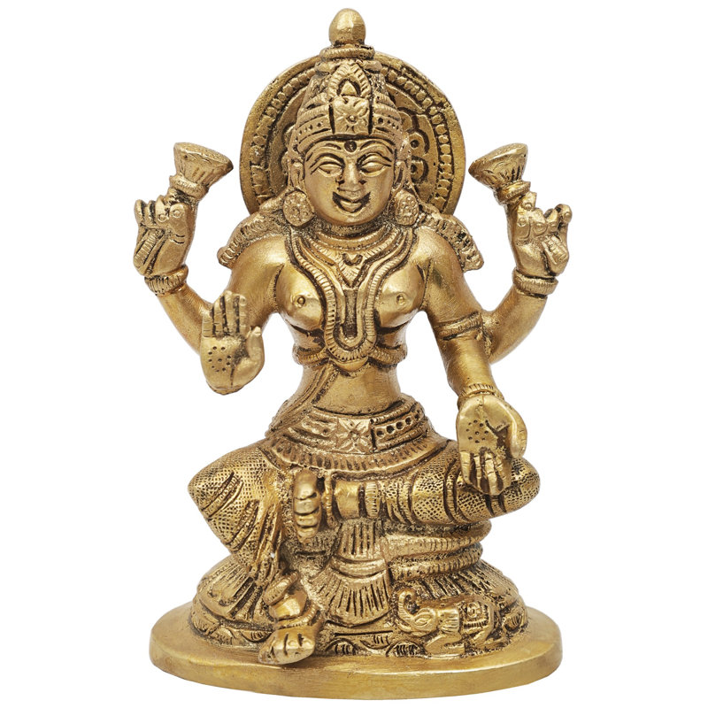 Handmade 4" Brass Goddess Lakshmi Statue – Lalitasana Pose, Lotus Throne, Indian Deity Idol for Wealth & Spiritual Home Décor