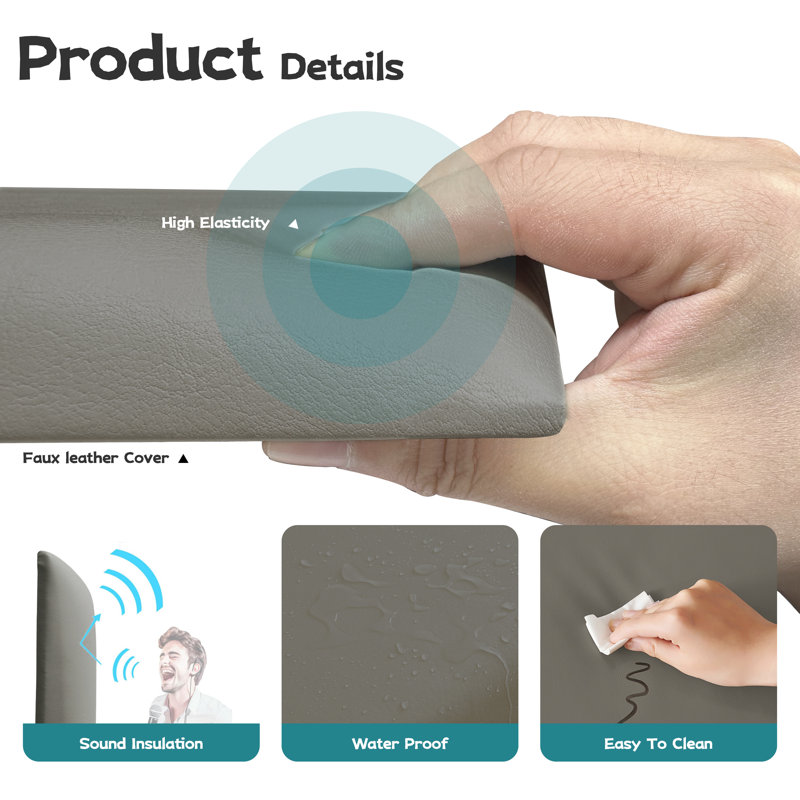 Panneau mural peler et coller avec compression en similicuir, Gris, H 11,9 po x l 23,6 po