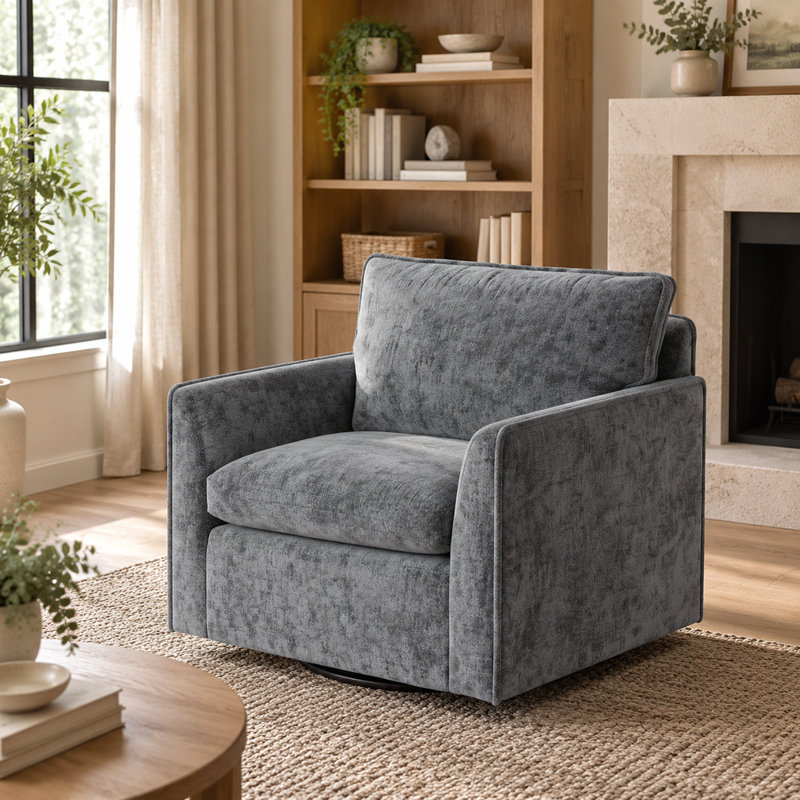 Upholstered Club Chair with 360 Degree Swivel, Grey Chenille Fabric, Single Seat for Living Room and Study