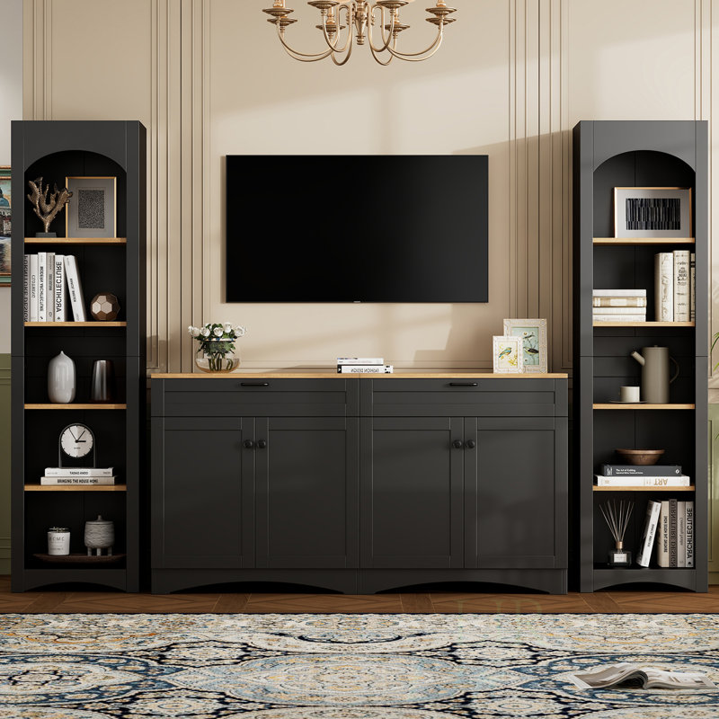 3-Piece Mid-Century Farmhouse Entertainment Center, 70" TV Stand with Bookshelf & Adjustable Storage Cabinet, Rustic Sideboard for Living Room, Black