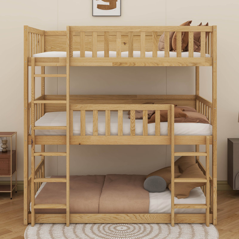 Lit superposé simple en bois d'hévéa à trois étages avec échelle et garde-corps, Naturel
