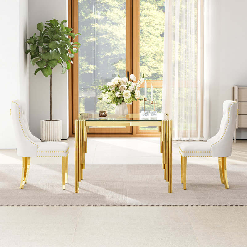 35.43" Contemporary Square Dining Table With Tempered Glass Top And Stainless steel Legs,kitchen table,dining table, Clear