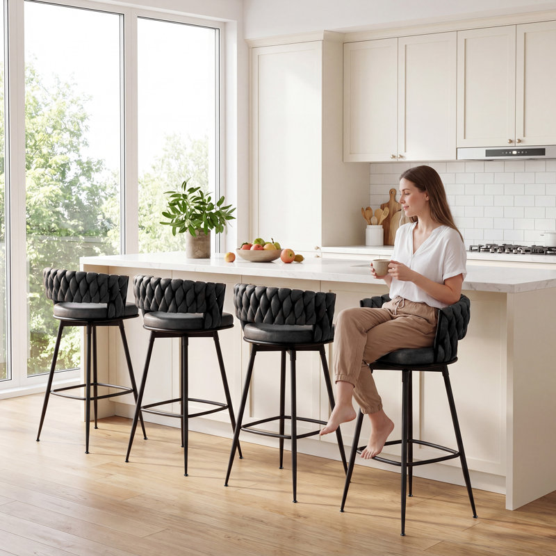 Tabouret de comptoir pivotant moderne avec design tissé, Noir gris, Tabouret de bar (siège d'une hauteur de 30,7 po)