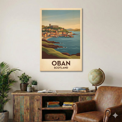 Oban, Scotland - Harbour of Isles and Sunset Romance (Vintage Travel Poster). Giclee Print on Wrapped Canvas. Wall Art, Home Decor - Cities & Towns, Scotland 1 Piece Wrapped Canvas Wall Art