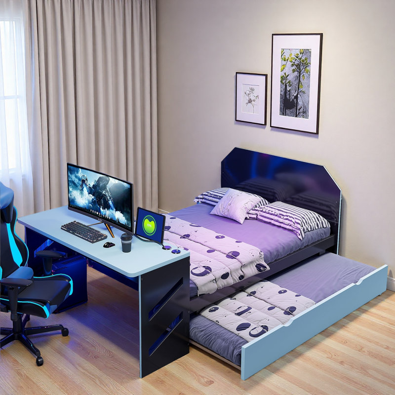 Wood Daybed With Trundle, Desk And Usb Port, Blue