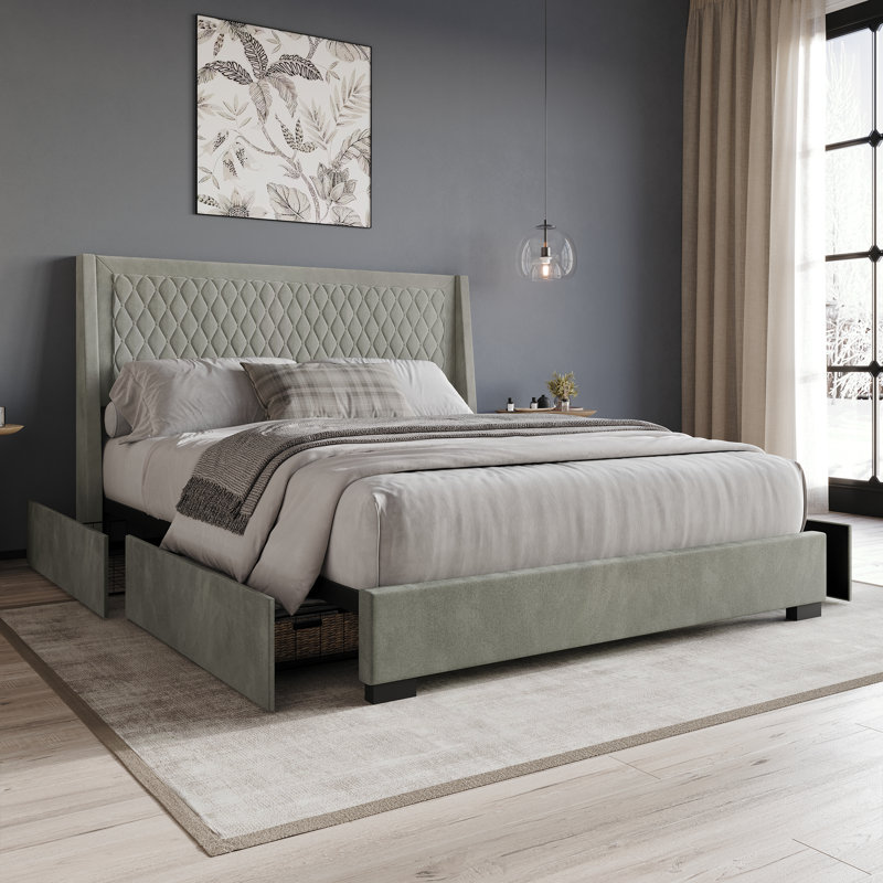 Full Platform Bed with Storage Grey Velvet, Gray, King