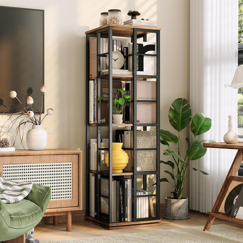4-Tier 360° Rotating Bookshelf with Rails, Spinning Display Tower for Living Room, Bedroom, Study, Brown