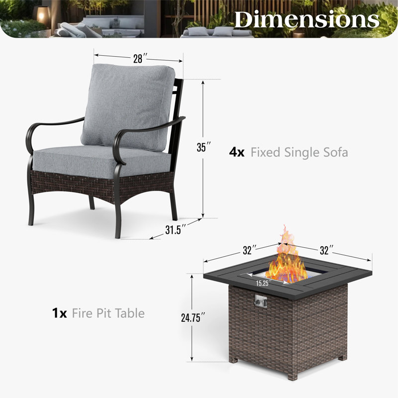 Ensemble de conversation pour l'extérieur 4 personnes avec table foyer, Gris