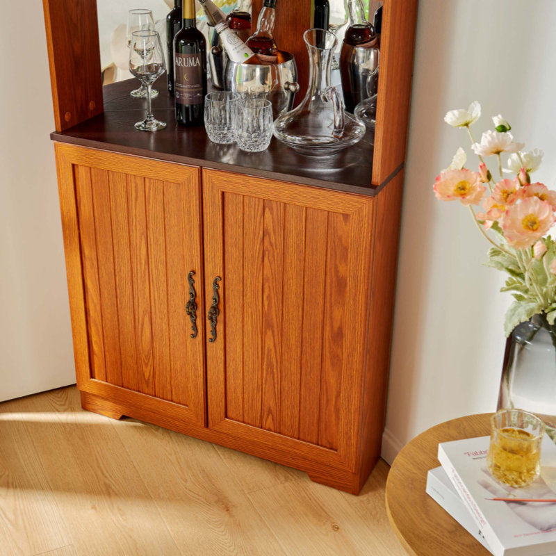 Armoire de rangement autoportante de 70,86 po (180 cm) de hauteur, armoire à vin 5 niveaux avec portes en verre trempé, dossier en miroir, tablettes réglables pour la cuisine du salon, vitrine moderne en bois