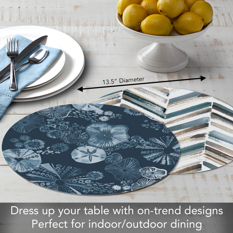 Tidal Shells Blue and White Round Reversible Plastic Placemats