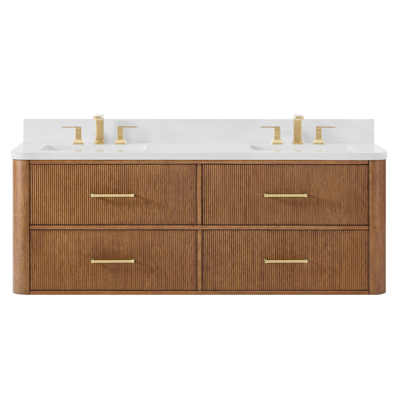 Meuble-lavabo mural double en chêne scandinave de 60 po Francesca, Brun/bronze, Quartz blanc