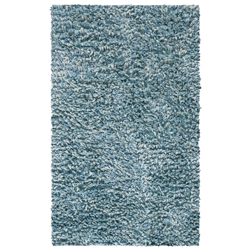 Tapis bleu clair à poils longs fabriqué à la main Hucksley, Rectangulaire 3 pi x 5 pi