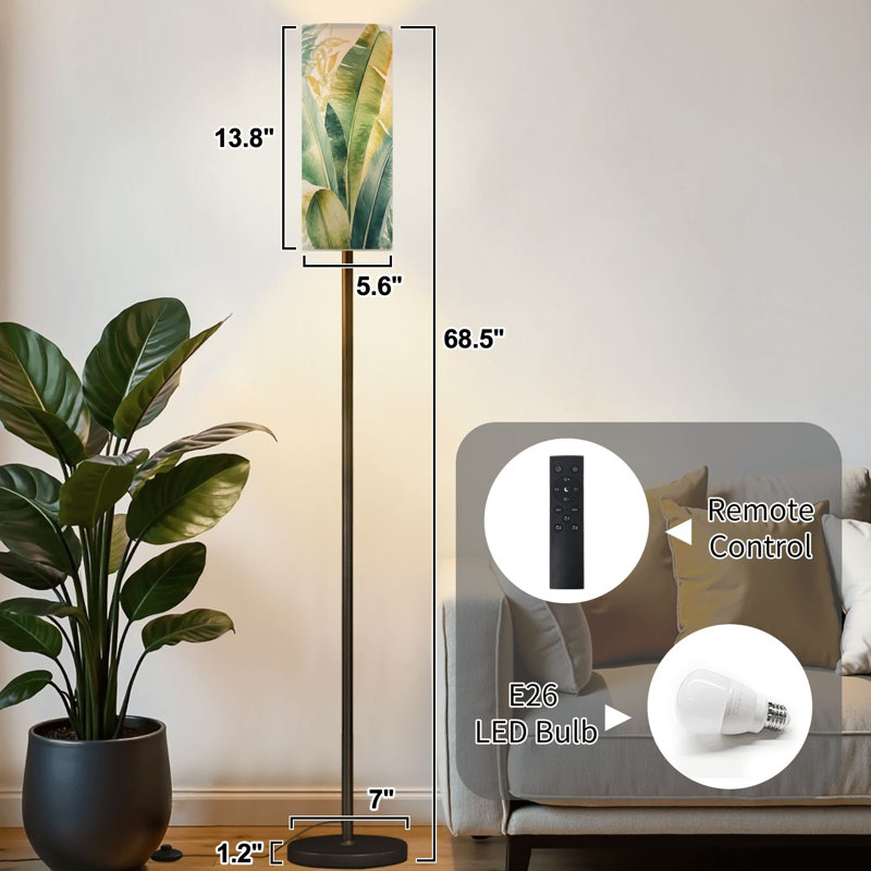 Lampe sur pied avec feuilles de bananier tropicales, aquarelle et abat-jour jaune, lampe sur pied à intensité variable avec télécommande
