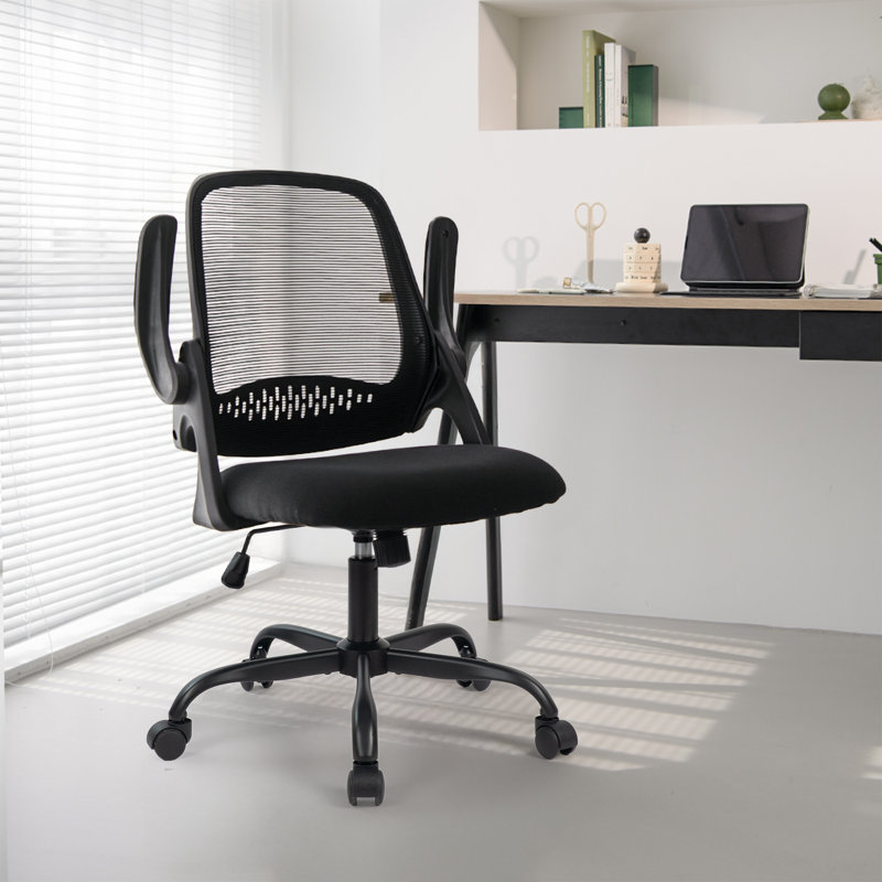 Chaise de bureau ergonomique en filet avec accoudoirs, conception peu encombrante et base en acier, Noir, Acier