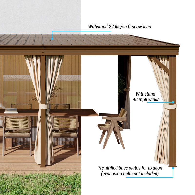 Mondawe 12' x 16' Brown Aluminum Hardtop Gazebo with Curtains
