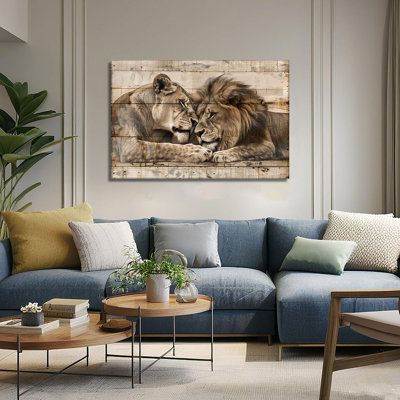 Lion, lionne, art mural Canvsa, image de lion rétro, décoration murale encadrée, fond en bois, affiche, couple animal, peinture, impressions, salon, chambre à coucher, prêt à être suspendu (16 po x 24 po)