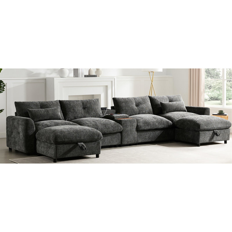 Chenille modulaire avec repose-pieds et console de rangement mobile, 6 sièges, matériau, point de charge pour canapé modulaire en tissu extra large de 142 po, connecteur