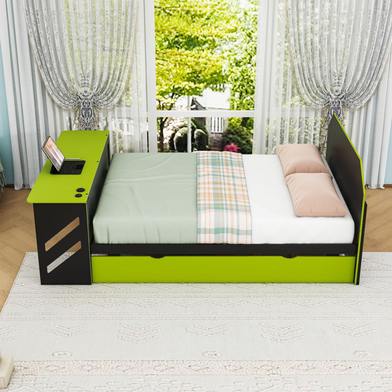 Wood Daybed with Trundle,Desk and USB, Green
