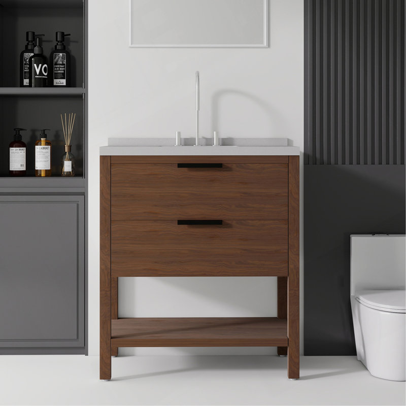 Meuble-lavabo autoportant de 91 cm (36 po) avec lavabo, tiroir à fermeture amortie, comptoir et dosseret en marbre synthétique blanc granité de 5 cm (2 po), contreplaqué