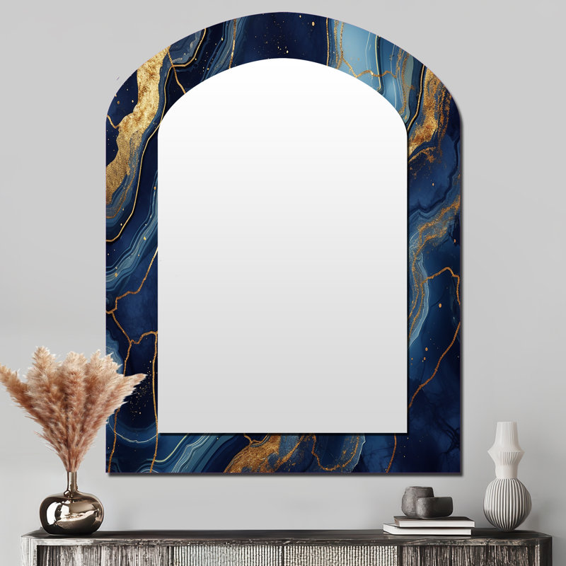 Miroir en marbre bleu et doré à motif abstrait bleu et doré, 43 po x 33 po