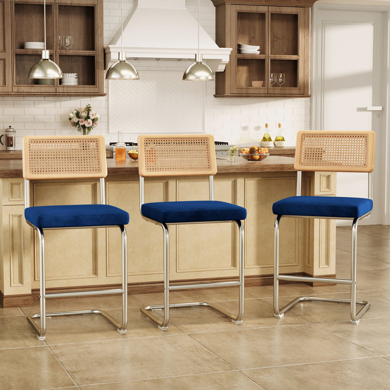 3 pièces Tabouret de bar H 26,1 po - Revêtement en velours - Structure en fer avec dossier en rotin - Tabouret de cuisine à hauteur de comptoir - Bleu marine