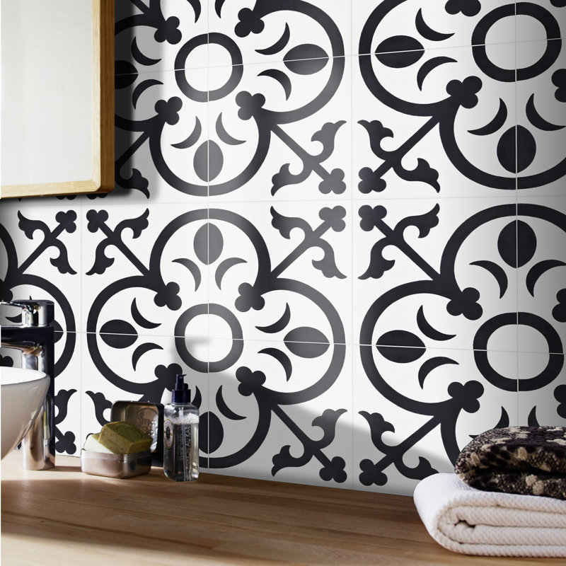 Nador 8" x 8" Cement Patterned Wall & Floor Tile, White/Black