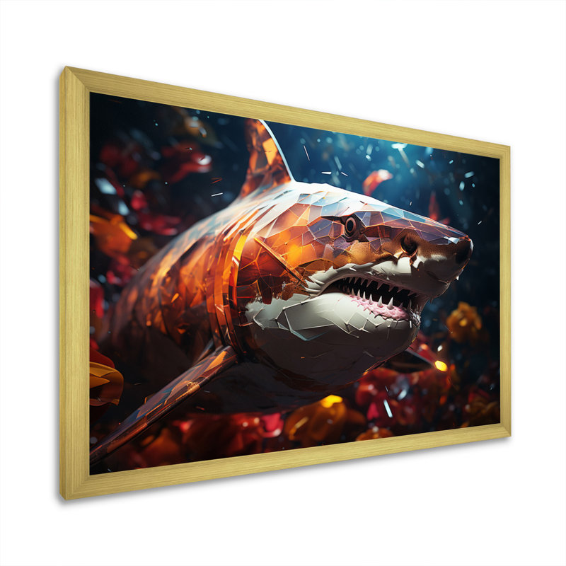 " Blue Shark Predators Glare Geometric I ", Gold Single Picture Framed, 34" H x 44" W x 1.5" D