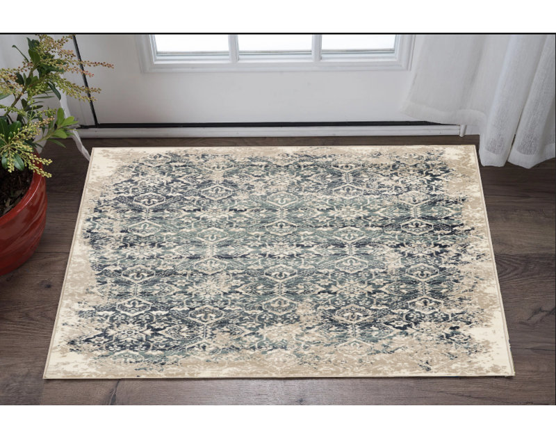 8' Runner Ivory and Blue Oriental Runner Rug, Rectangle 3' x 5'