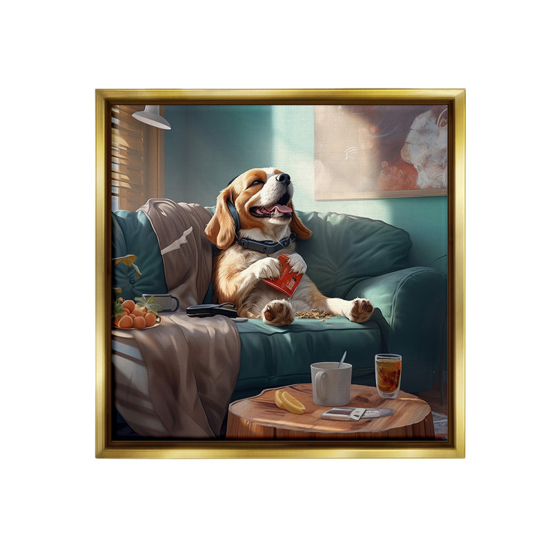 "Happy Dog On Couch" par Jim Baldwin sur toile, Cadre flottant métallique doré, H 25 po x l 25 po