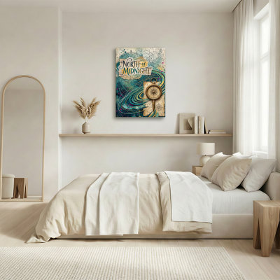 Teal and Gold North of Midnight Compass and Star Chart Canvas Wall Art