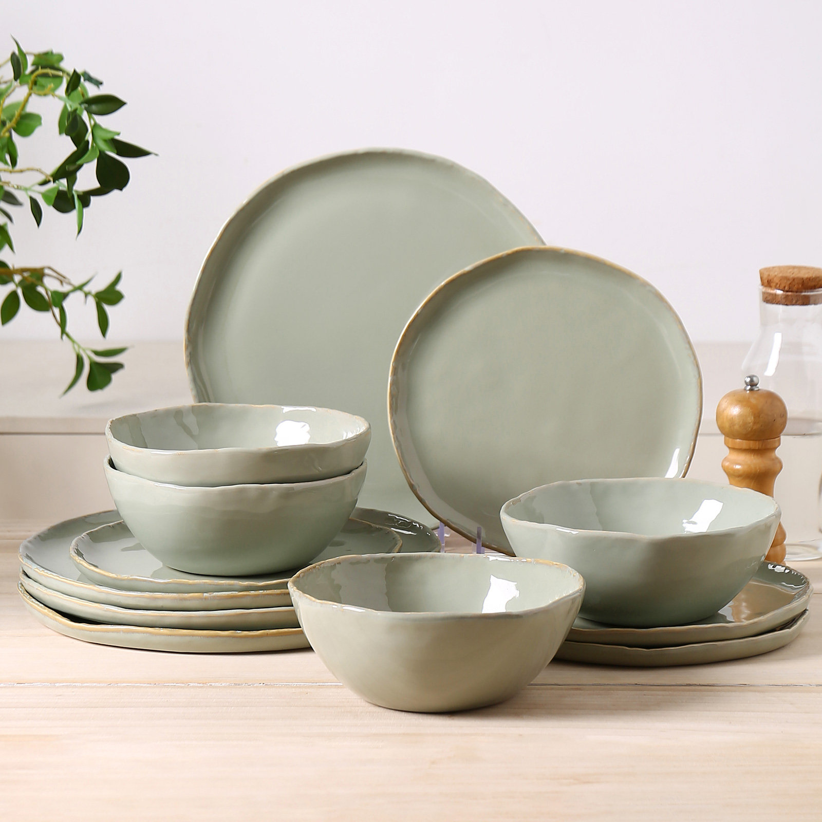 Lucca 12 Piece Stoneware Dinnerware Sets ,service For 4, Green
