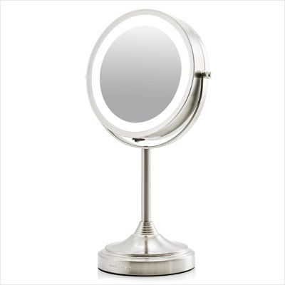 OVENTE 7'' Lighted Makeup Mirror with 1X/7X Magnification, Cordless Tabletop Mount Vanity Mirror with 360° Swivel Design & Double Sided Glow Cosmetic White LED Ring Light, Nickel Brushed MCT70BR1X7X