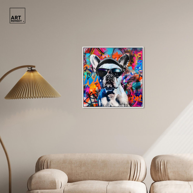 Élégant art graffiti sur toile Graffiti Frenchie par Art Remedy, Cadre flottant blanc, H 25 po x l 25 po x P 1,8 po