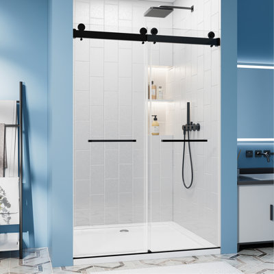 56"-60" W x 76" H Frameless Double Sliding Shower Door, Soft-Close Matte Black Shower Screen, 5/16" (8mm) Clear Tempered Glass With Explosion-proof Film, Dual Stainless Steel Door Handles