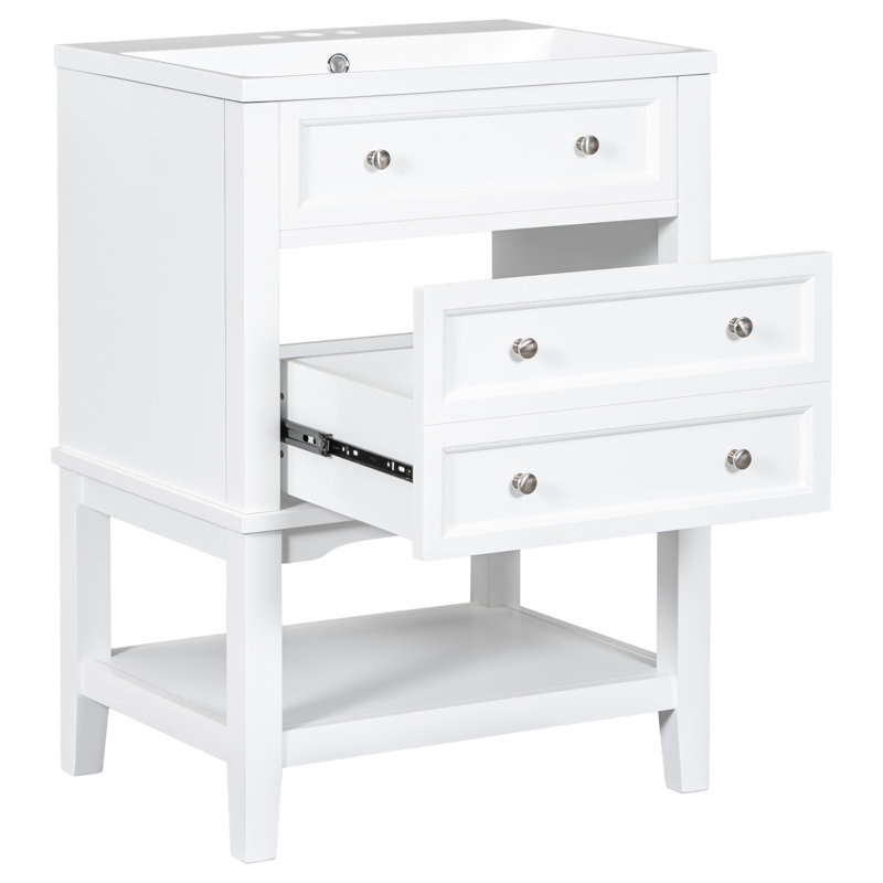 24" Bathroom Vanity With Sink, Solid Wood Frame, White - Modern Storage Cabinet Drawer And Open Shelf Vanity, & , Ceramic Grandeur