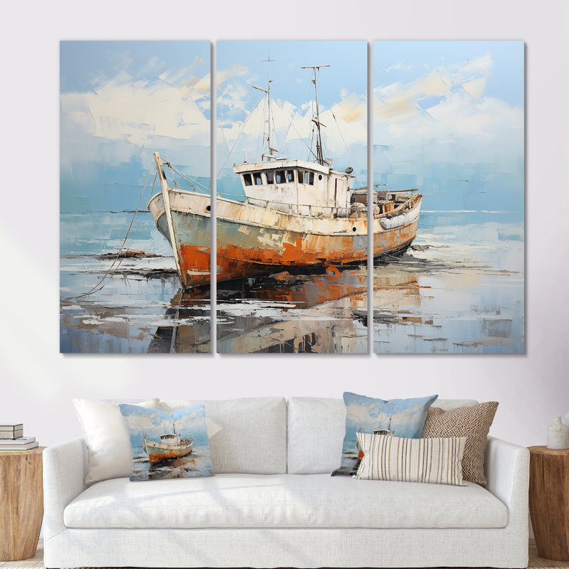 Bateau de pêche au port II - ensemble d'art mural bateau côtier, Toile tendue, H 32 po x l 48 po x P 1 po