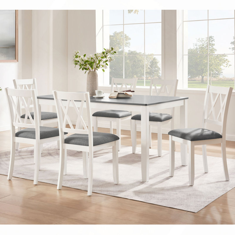 Modern 7-Piece Solid Wood Dining Set with 6 Upholstered Chairs – Two-Tone Rectangular Table for 6, Space-Saving Kitchen & Dining Room Set, Easy Assembly
